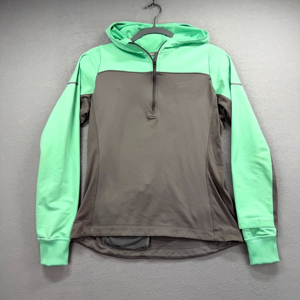 Nike Dri-Fit Running Hoodie Womens Medium Black Mint Green Colorblock Half Zip